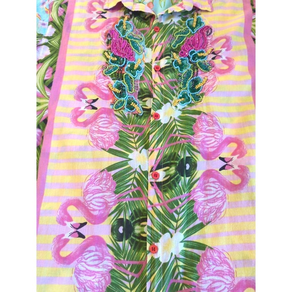 Antica Sartoria Flamingo Beaded Shirt Blouse 2X Cotton Button Up Boho Chic Beach - Picture 6 of 10